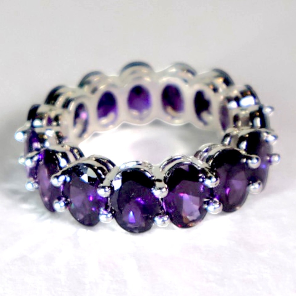 Swarovski Crystal Purple Amethyst Eternity Band Ring Silver Overlay Size 8 NEW